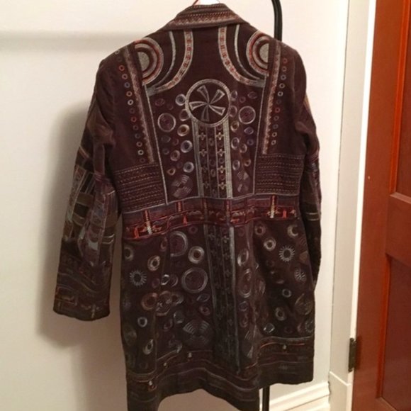 Pamela McCoy Brown Velvet  Embellished Embroidered Long Collared Coat Jacket ~ M - Picture 5 of 5